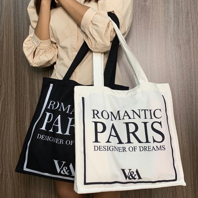 Túi tote vải bố, túi vải canvas đeo vai giá rẻ, có khóa bấm miệng và túi phụ, in hình ROMANTIC PARIS TUCANVAS TCV12