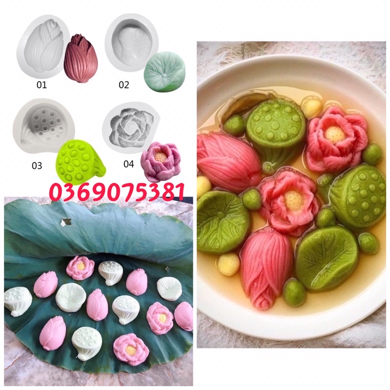 ❖❁▫Set 4 Khuôn silicon hình hoa lá sen làm bánh trôi trung thu/thạch rau câu / nổi bông đẹp