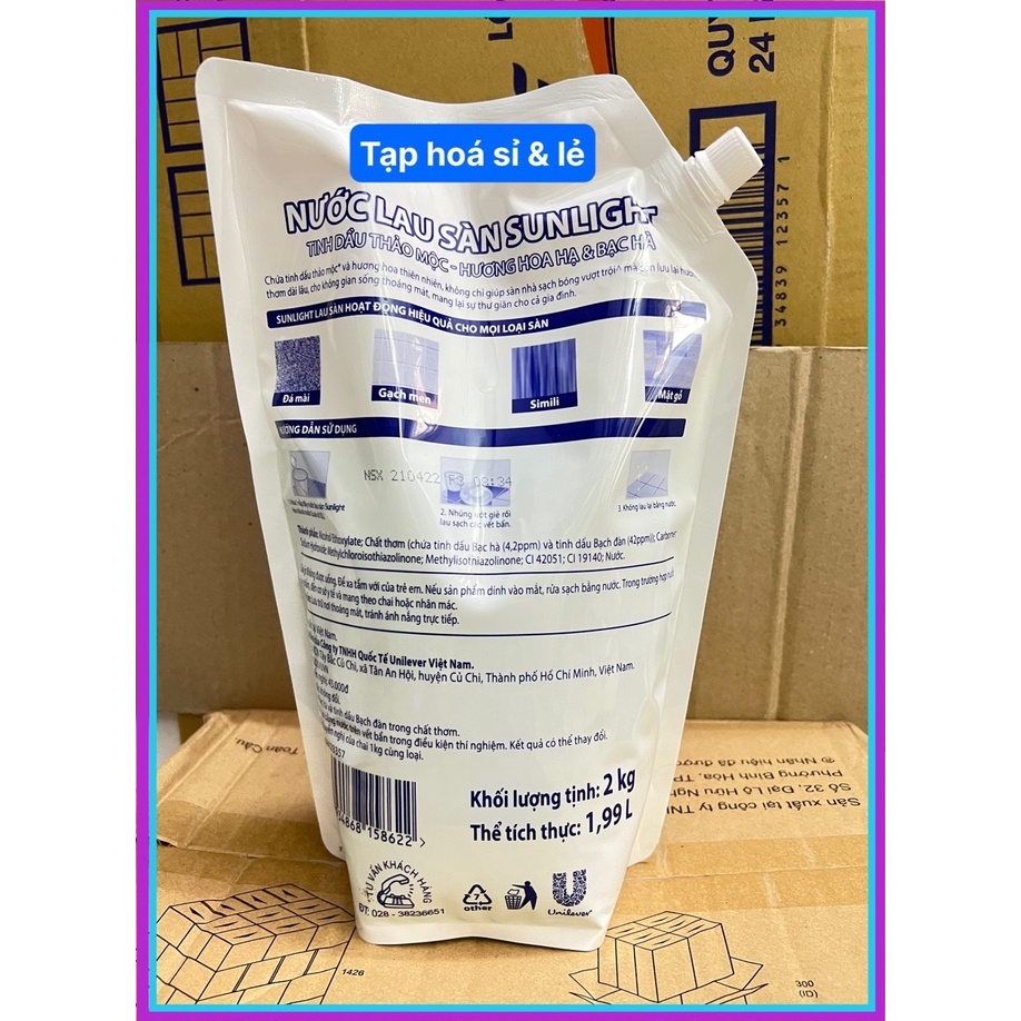 Nước lau sàn Sunlight hương hoa hạ & bạc hà tinh dầu thảo mộc túi 2Kg