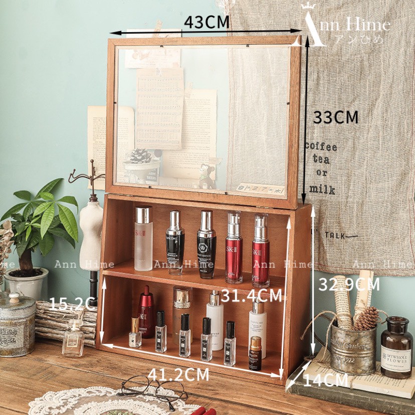 Tủ Gỗ Mini Để Bàn Trang Trí Decor Vintage Đựng Mỹ Phẩm Cốc Ly Chén Kiểu Cánh Ngược Ann Hime Sp9