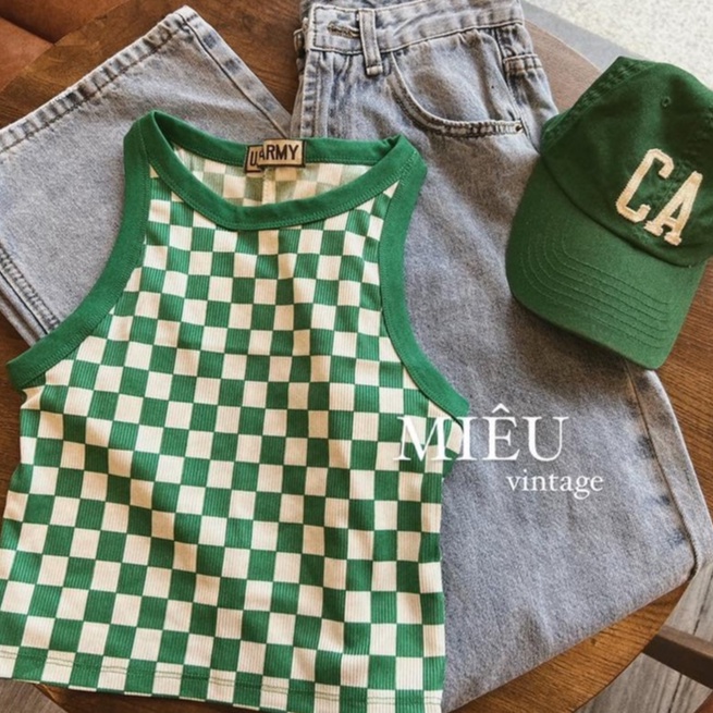 Áo croptop ba lỗ nữ kẻ caro xanh trắng hot trend chất thun co giãn tập gym yoga hở eo sexy Wikishop ulzzang C946