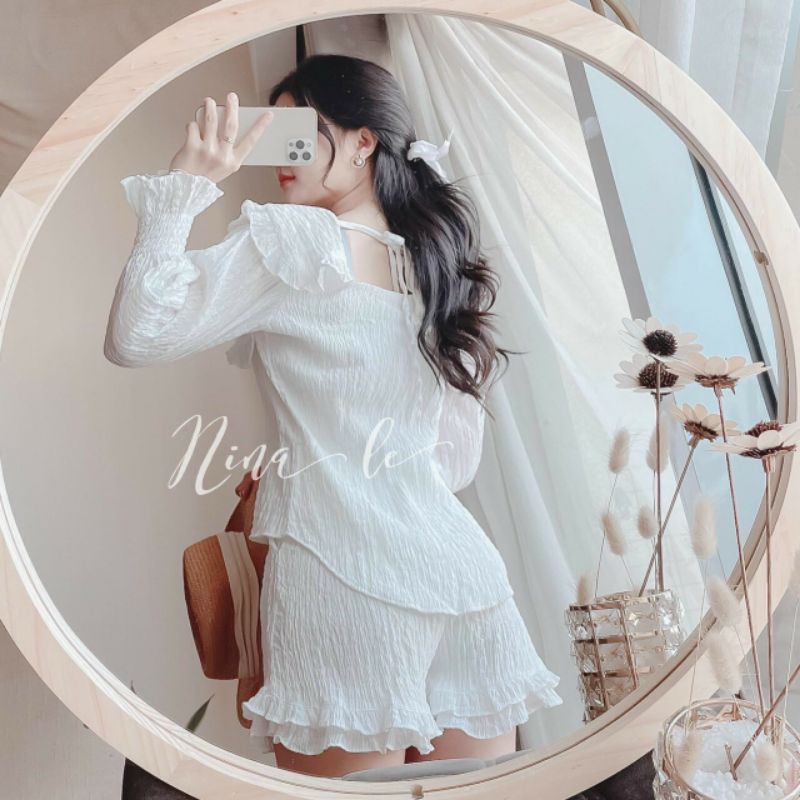 Sỉ 175💚 SET ÁO BBD TRẮNG CỔ BÈO + SHORT LAI BÈO 💚