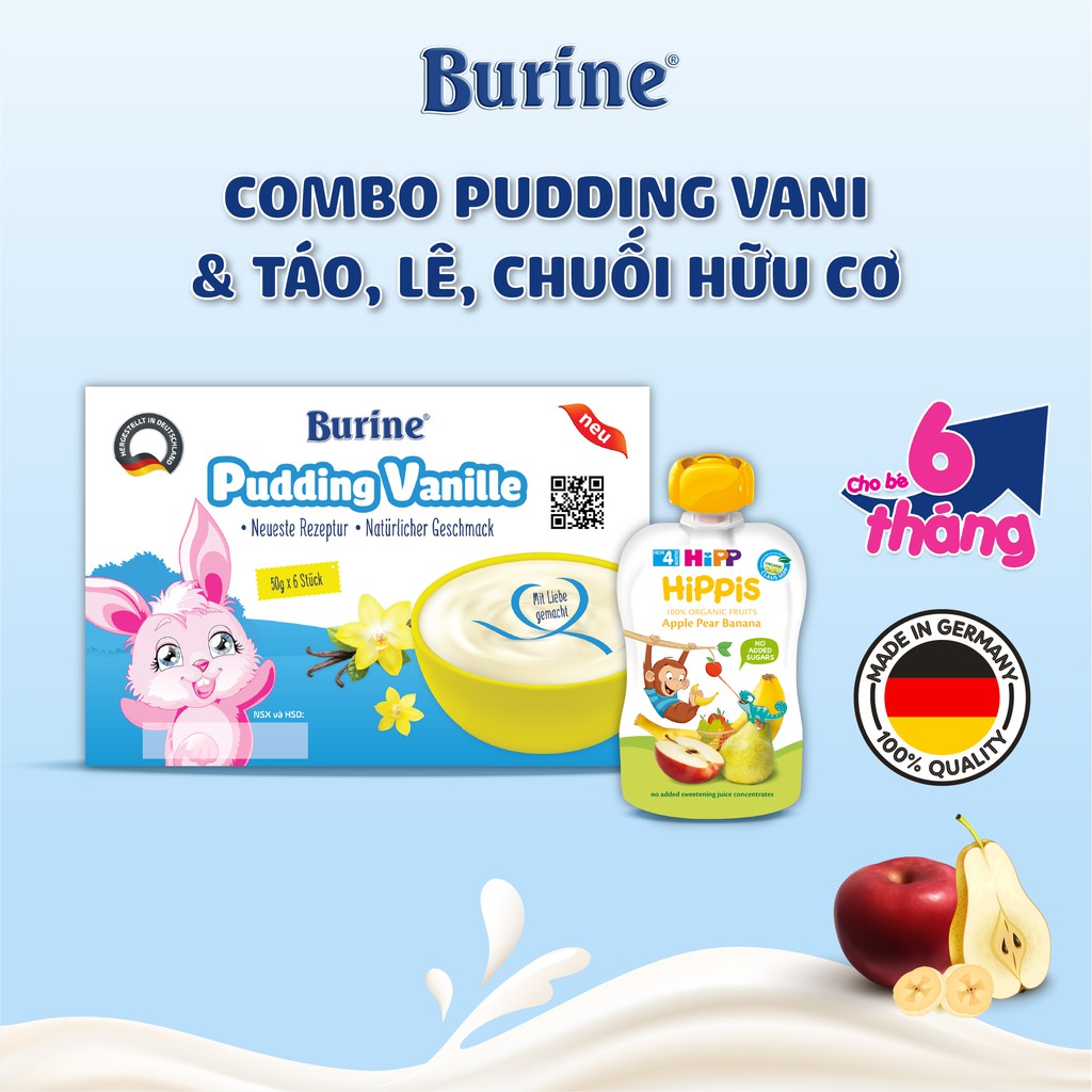 Combo Ăn Dặm Pudding BURINE Vani Và Túi Trái Cây Nghiền HiPPiS Táo, Lê, Chuối PUDVANI_8520