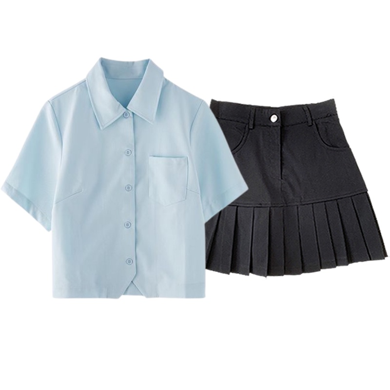 Set Bộ Nữ Áo Sơ Mi Ngắn Tay Croptop Phối Chân Váy Xòe Xếp Ly Thời Trang Talene SO MI NU 026 + CV NU 024