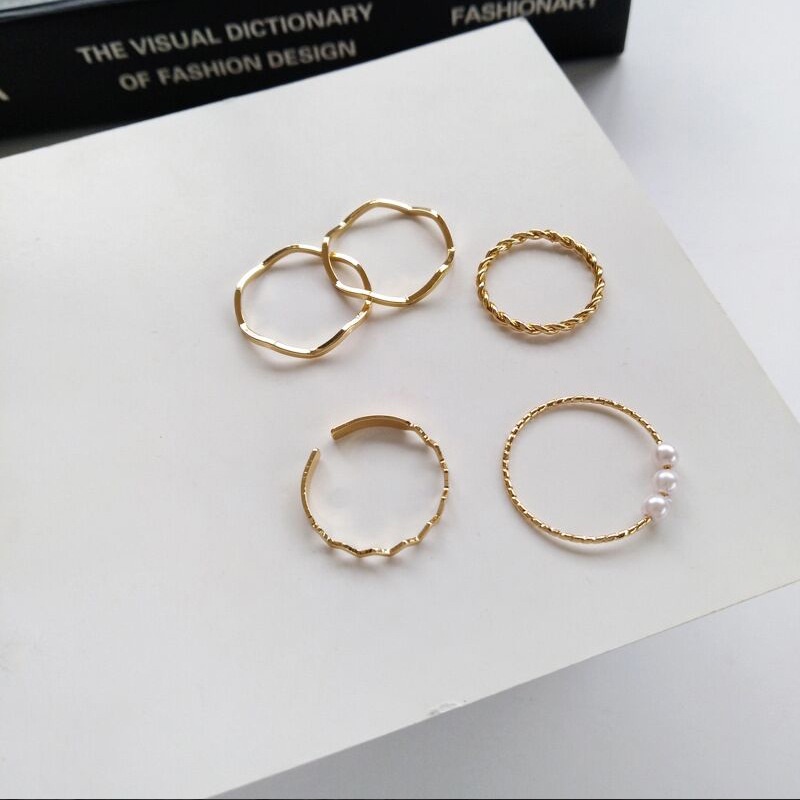 Set 5 Nhẫn Mạ Vàng Đính Ngọc Trai Giả Thời Trang Cho Nữ