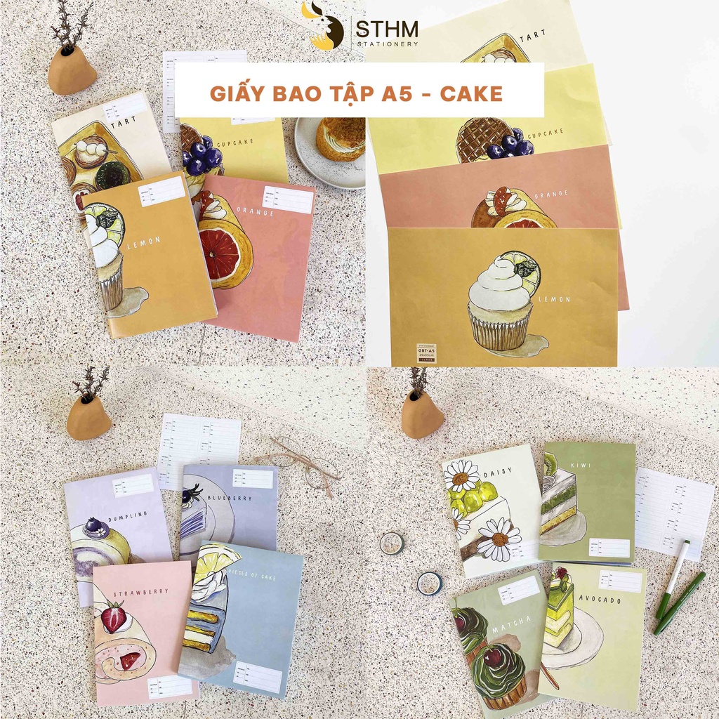 Giấy bao tập A5 - Cake - Tặng kèm 8 nhãn vở - Giấy kraft trắng 100gsm - Giấy dai, chống thấm nhẹ - STHM stationery