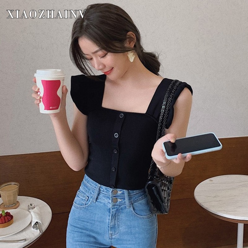 Xiaozhainv Áo dệt kim nữ tay bèo cổ vuông thiết kế một hàng nút trước