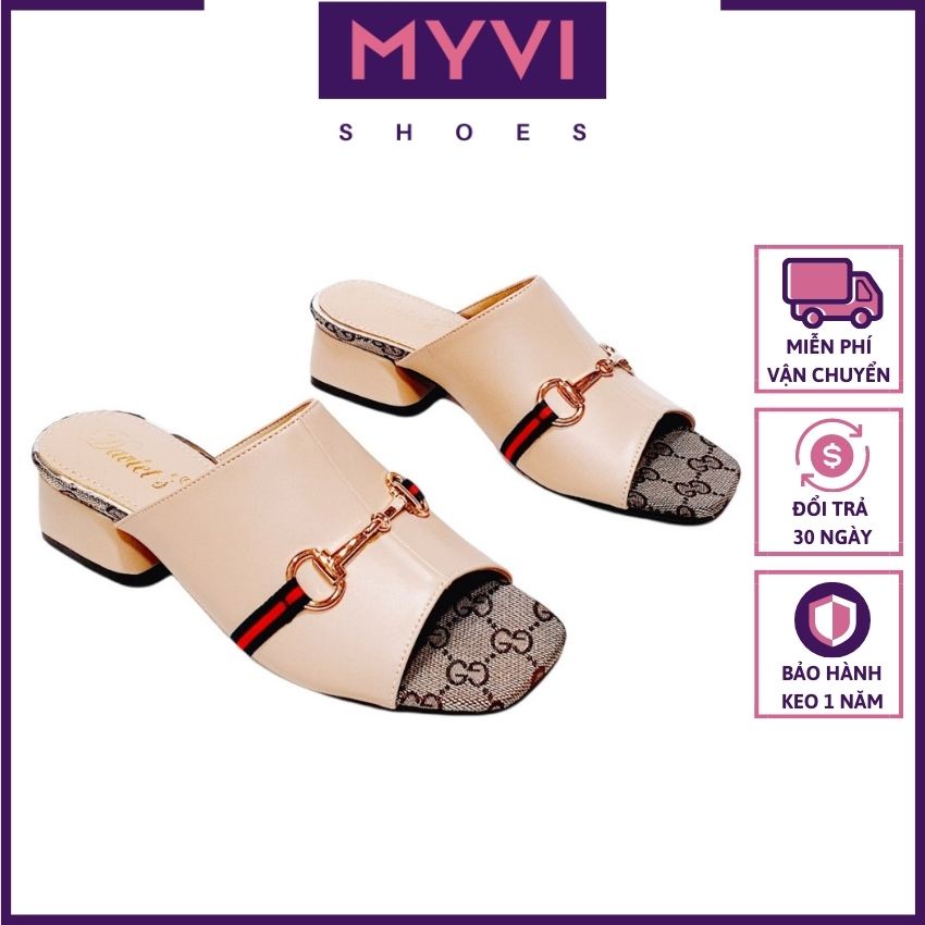 Giày Gót Vuông Cao 3cm Nữ Trung Niên, Quai Ngang, Đính Khóa Họa Tiết Thời Trang (Đen, Kem) - MyVi Shoes