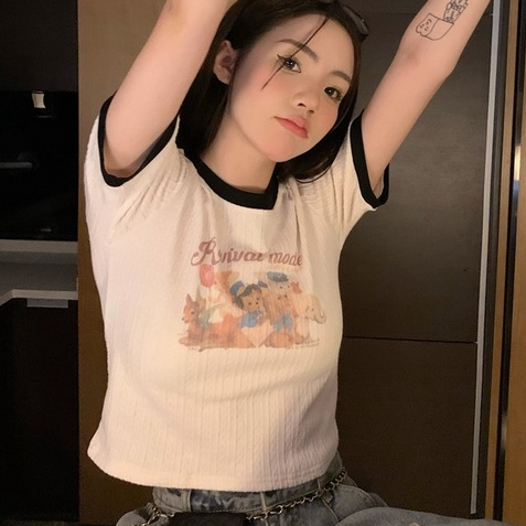 Áo kiểu ZHELIHANGFEI vải dệt kim ngắn tay in họa tiết xinh xắn theo phong cách Mỹ