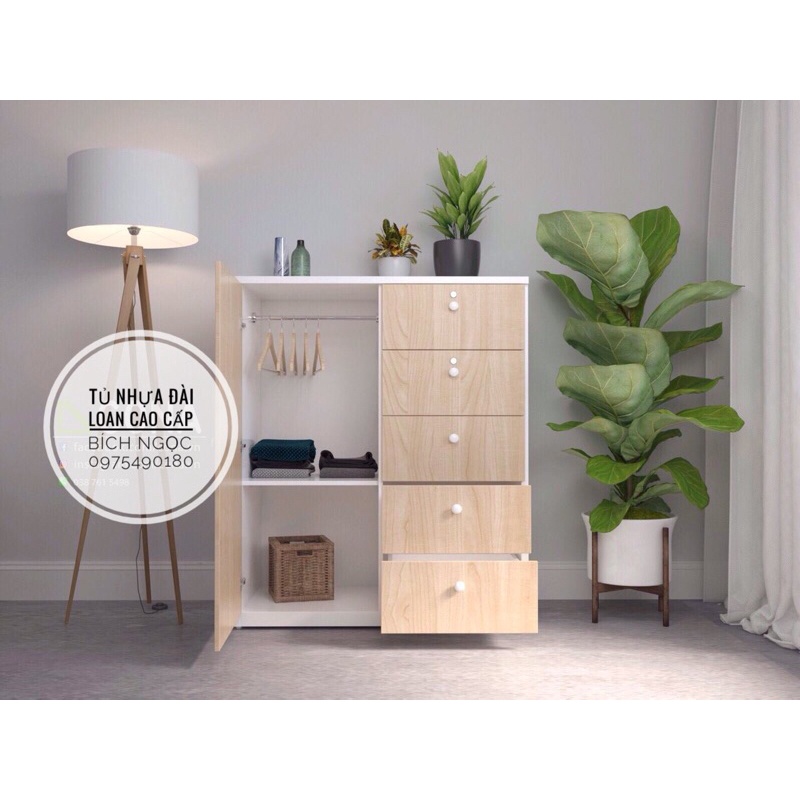 Tủ nhựa đài loan 2 buồng cho bé yêu . Cao 1m25 rộng 85 sâu 45 chịu lực buồng treo kèm 5 ngăn kéo