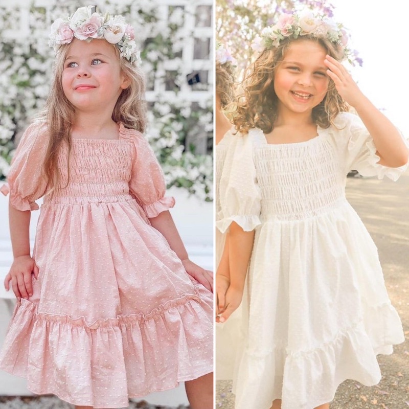 Váy tay bồng boi Zara trắng/hồng