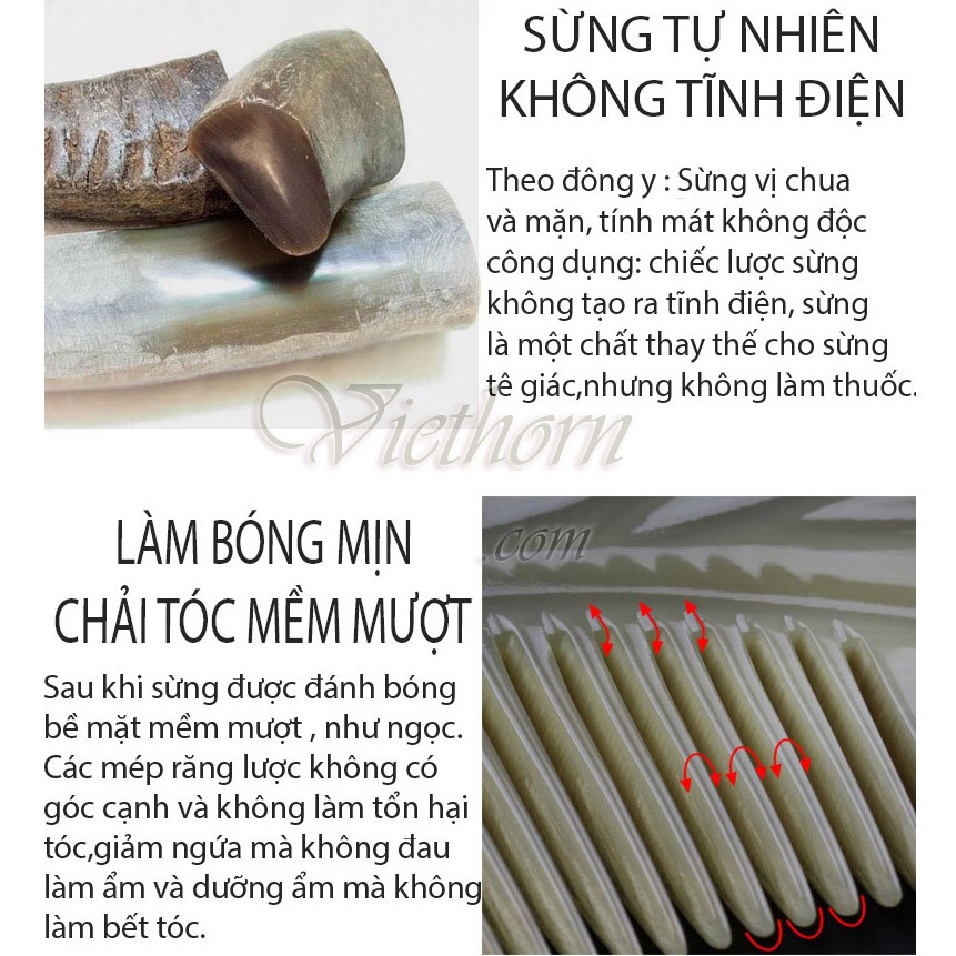 Lược răng thưa cao cấp VIETHORN / chải tóc xoăn, tóc rối, xù / sản phẩm cực đẹp /cực tiện lợi