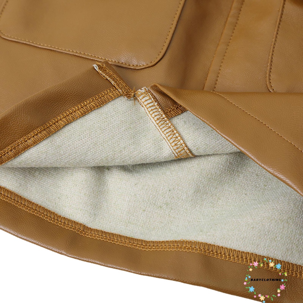 Chân váy ngắn da PU dáng chữ A lưng cao màu trơn có túi và dây thắt lưng thời trang thu đông dành cho bé gái