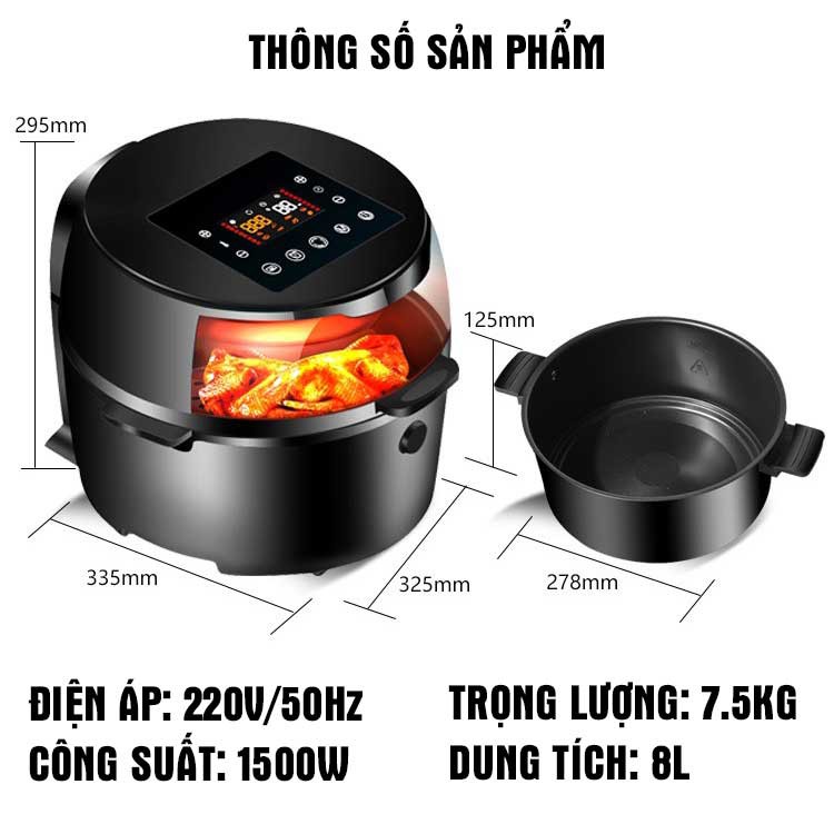 Nồi chiên không dầu CAMEL 8 LÍT- Cảm Ứng Điện Tử, Núm Vặn Cơ Công Suất 1500W, công nghê xoay 360 độ - BH 1 năm