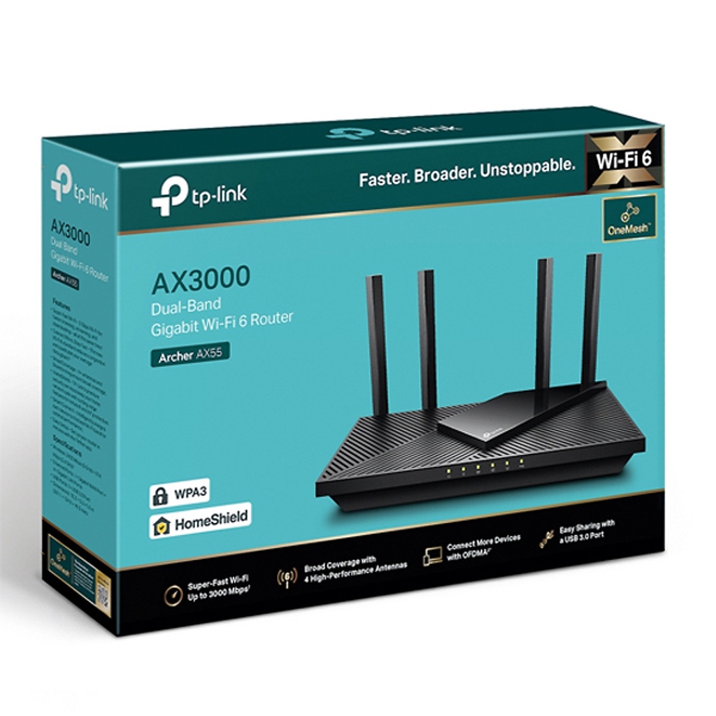 Router Wifi TP-Link Archer AX55 Chuẩn Wi-Fi 6 AX3000 băng tần kép. Hàng chính hãng