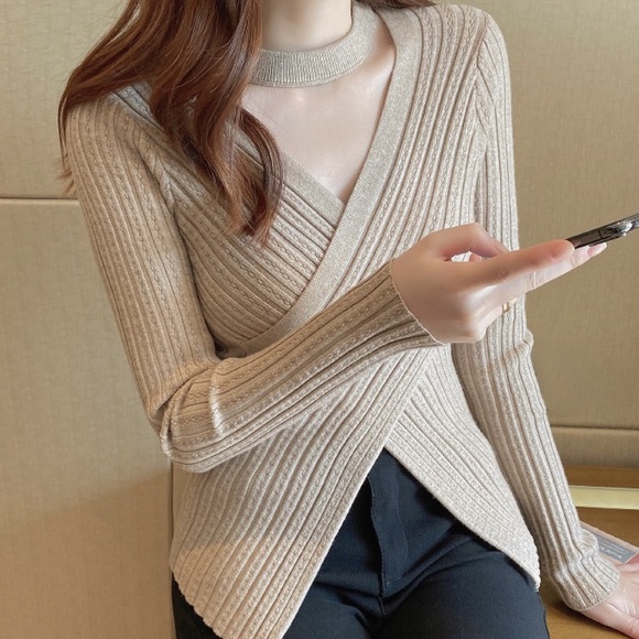 【ZHELIHANGFEI】Áo Dệt Kim Tay Dài Thiết Kế Cổ Chữ V Quyến Rũ