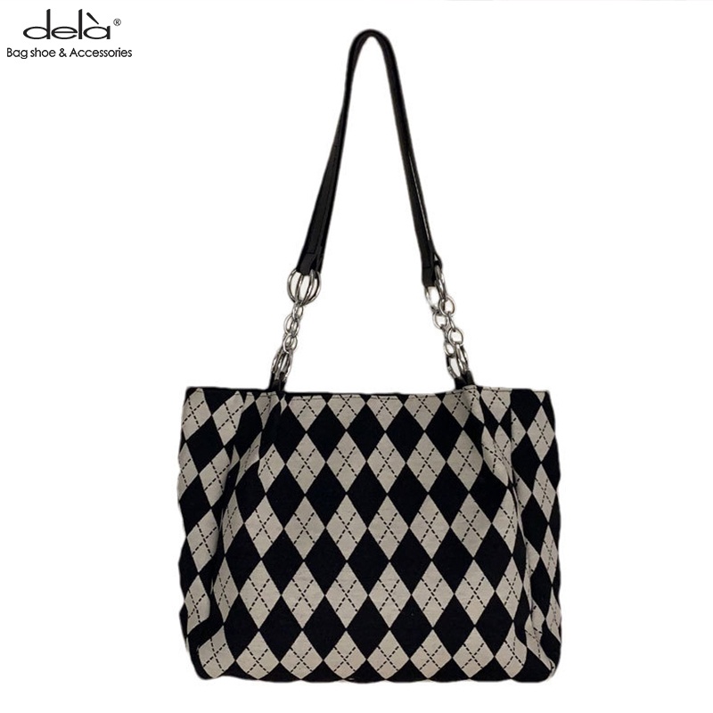Dela Túi Xách tote canvas Sọc Caro Trắng Đen Sức Chứa Lớn Thời Trang Chất Lượng Cao Cho Nữ