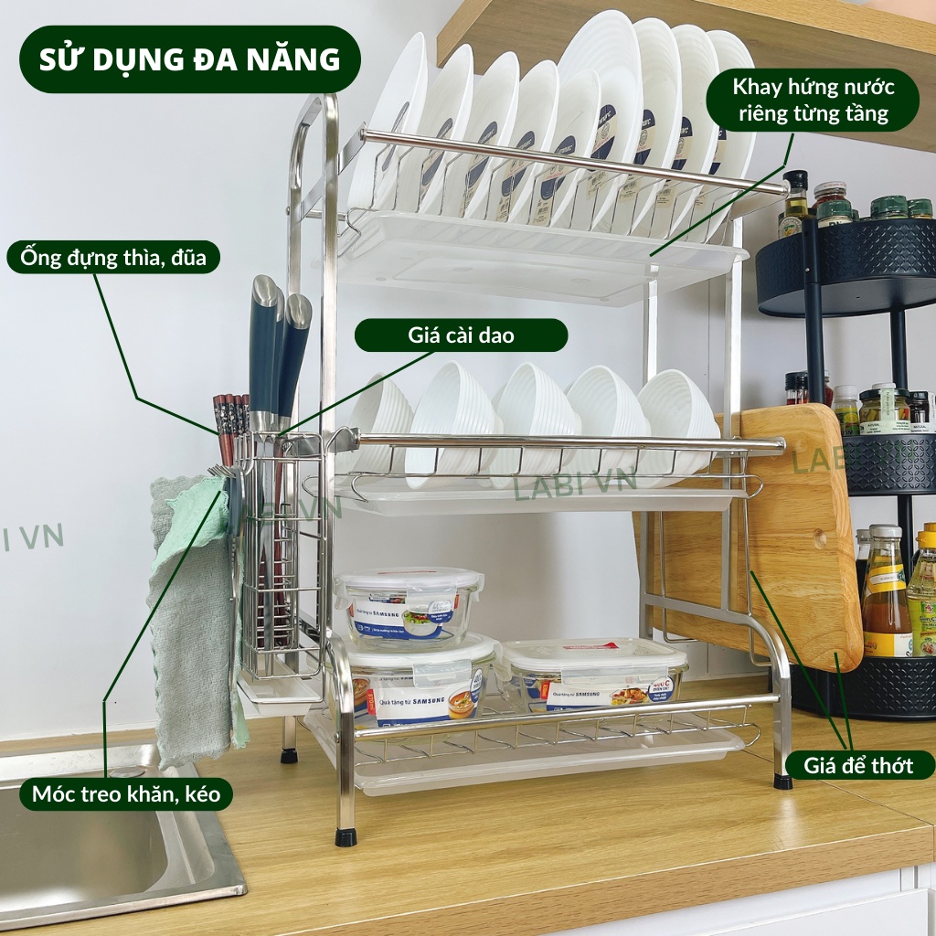 Kệ úp chén đa năng, kệ bát đĩa LABI VN LB067i chất liệu Inox 304 không gỉ, màu bạc có 2 tầng và 3 tầng