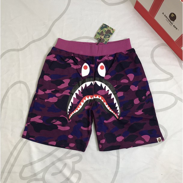 Bộ áo thun phối quần short thoáng khí co giãn tốt in hình cá mập rằn ri hiệu BAPE thời trang mùa hè cho nam và nữ