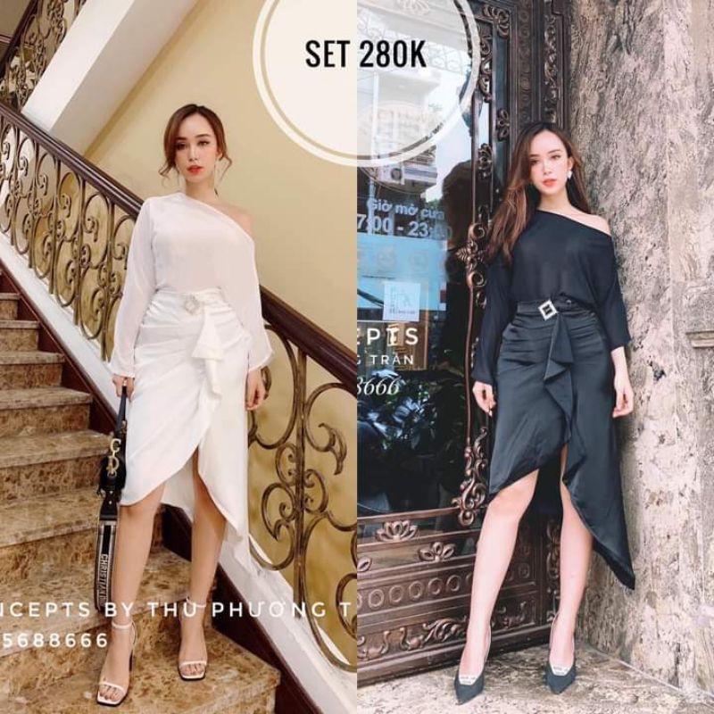 set áo lệch vai + chân váy xẻ tà trước