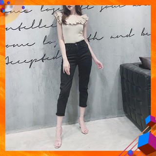 [32-36] Quần Baggy Jean Nữ 9 Tấc Xanh Rách/Đen Tuyền - Lưng Cao, Co Giãn Nhẹ