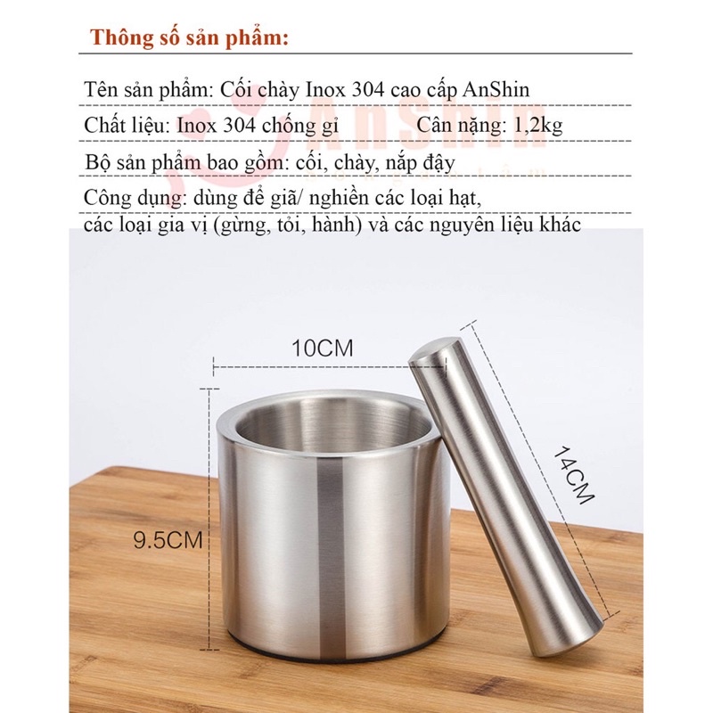 Bộ Chày Cối Inox 304 Cao Cấp, Chày Giã Nghiền Thức Ăn Thực Phẩm Bằng Inox