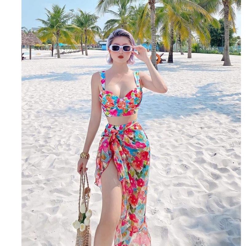 New!Siu phẩm set bikini 2 mảnh kèm khăn choàng so hot. Áo gọng nâng ngực quần dún cạp cao eo thon kèm video ảnh thật SP.