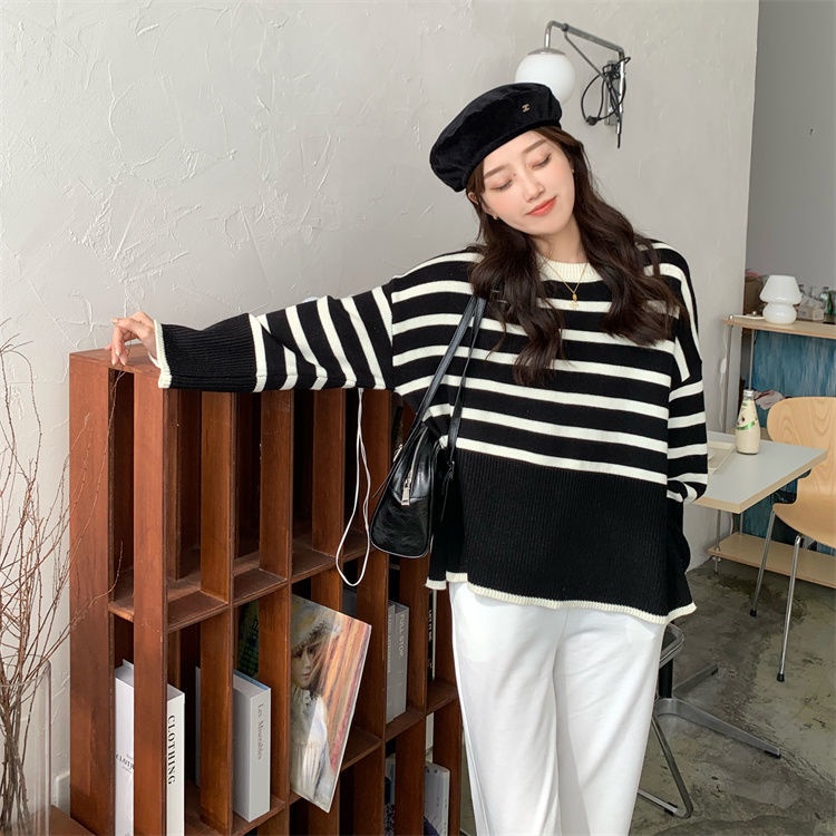 Áo sweater dệt kim tay dài form rộng xẻ tà họa tiết kẻ sọc thời trang thu đông 6001