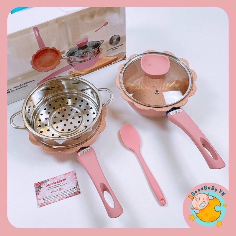 Bộ nồi, chảo chống dính cao cấp nấu thực phẩm ăn dặm cho bé, kèm xửng hấp