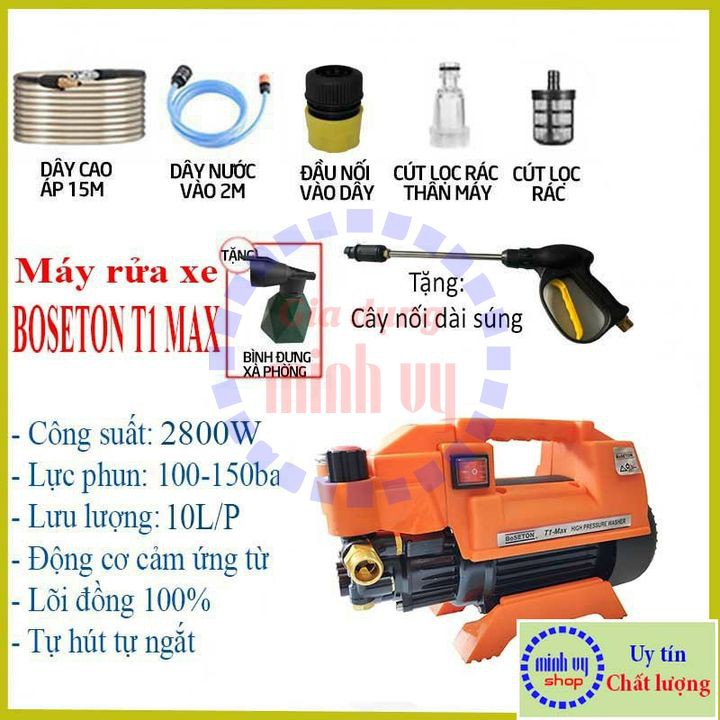 Máy rửa xe gia đình, may rua xe công suất mạnh 2800W có thể chỉnh áp, dây dẫn 15m bơm áp lực cao BoSeton T1 Max