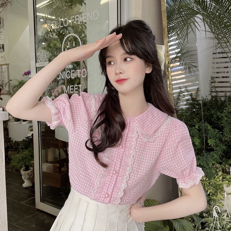 Áo sơ mi SUXI tay ngắn dáng ôm cổ búp bê kẻ sọc ca rô dễ thương thời trang mùa hè cho nữ