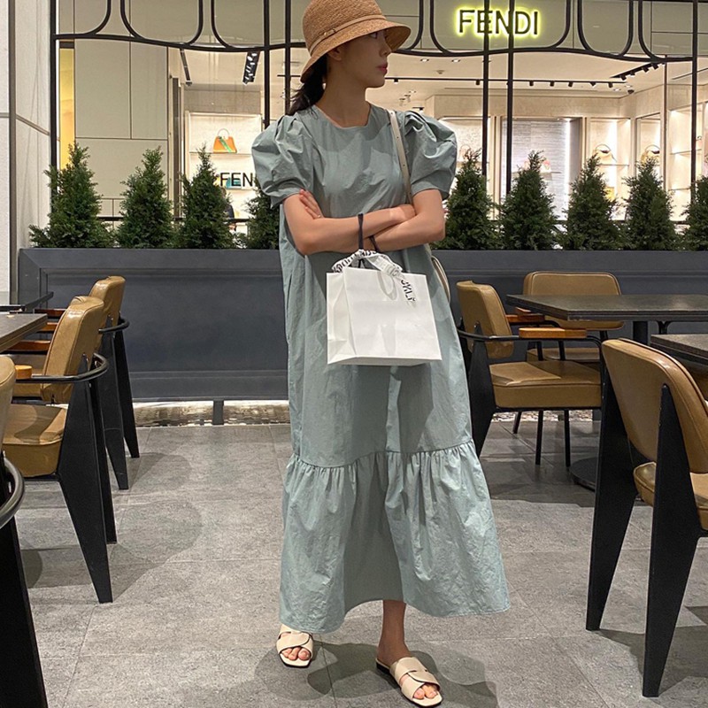 Váy midi đuôi cá cổ tròn màu tím xám
