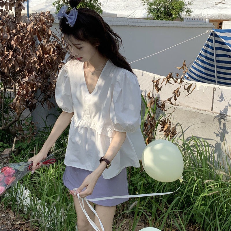 SUXI Áo Sơ Mi Tay Phồng Ngắn Cổ Chữ V Màu Sắc Ngọt Ngào Thời Trang Mùa Hè Cho Nữ