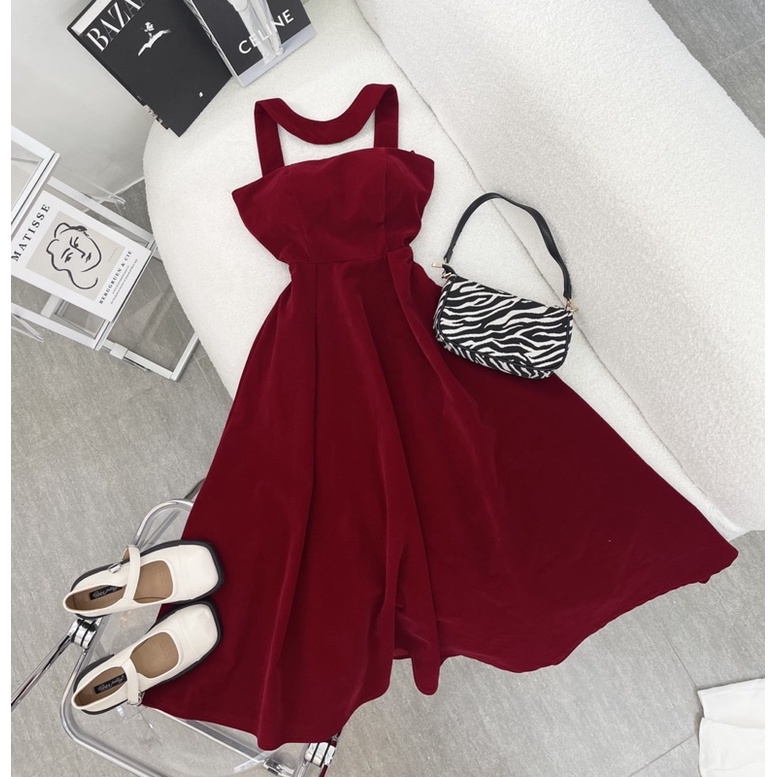 ĐẦM NHUNG MIDI CHOKER NƠ LƯNG