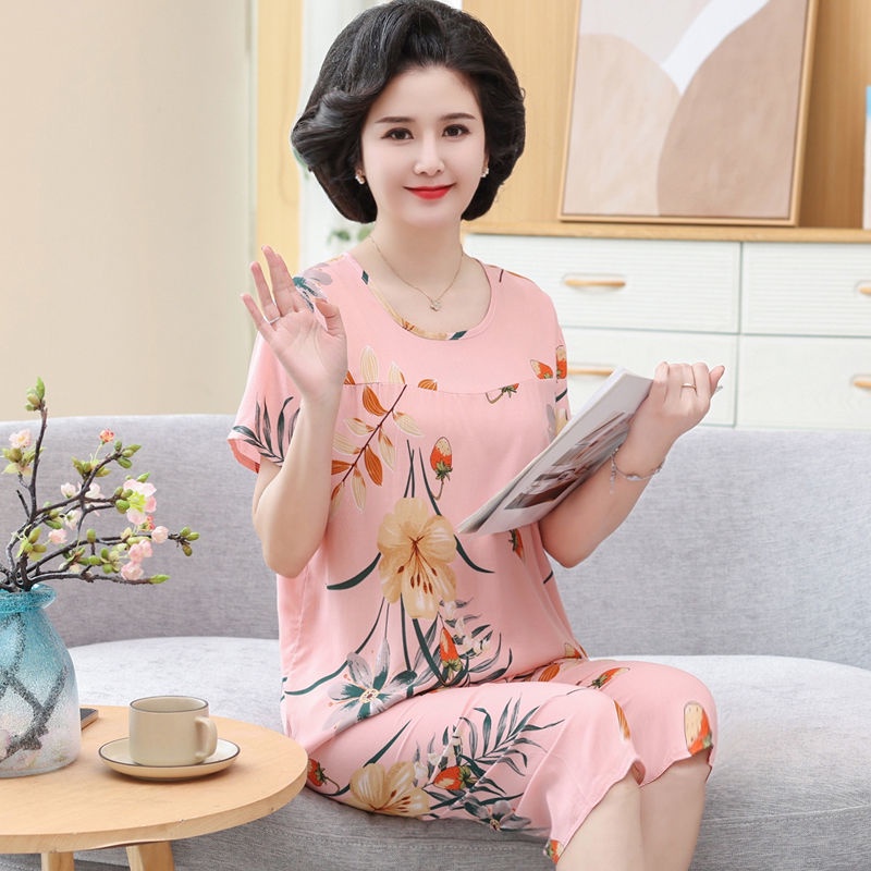 Bộ đồ ngủ cotton lụa cho người trung niên và người lớn tuổi, bộ đồ mặc nhà ngắn tay rộng rãi và cỡ lớn