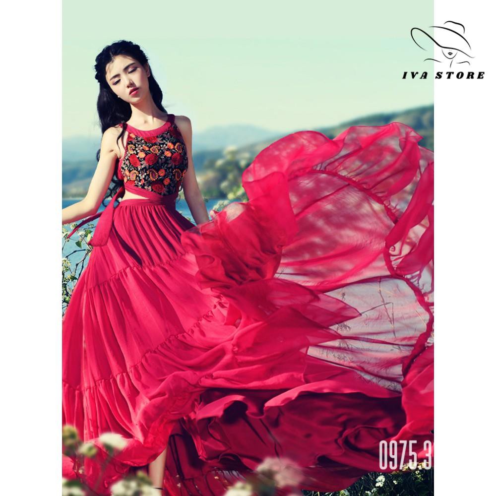 Váy Vintage, Váy Maxi Đi Biển V577 Chất Voan Mềm Mát, Màu Đỏ Phối Thổ Cẩm, Siêu Phẩm Của Tín Đồ Sống Ảo, Mẫu Mới Hè 2021
