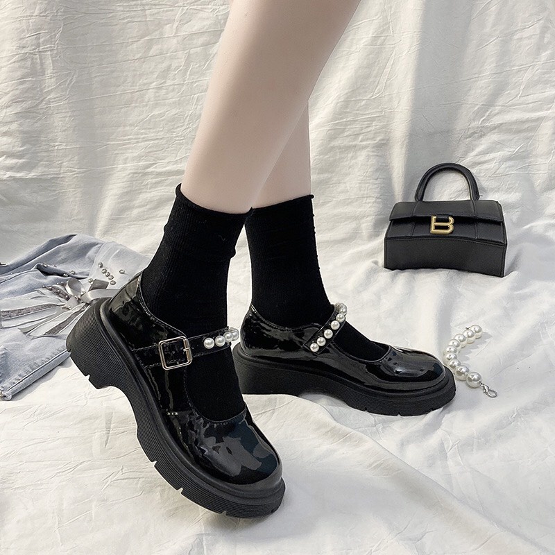 Giày búp bê lolita nữ đế cao cao cấp ulzzang mũi tròn phối quai ngọc xinh mã D36