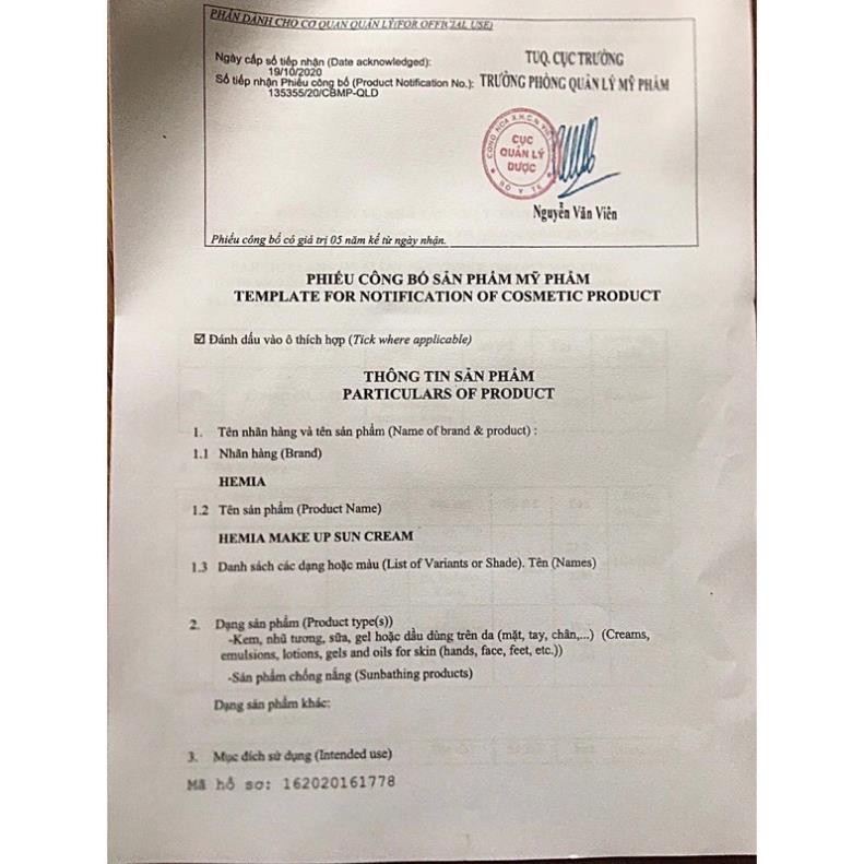 [Chính Hãng] Kem Chống Nắng Dưỡng Trắng Nâng Tông HEMIA SPF50+, Chiết Xuất 100% Tự Nhiên, Thấm Mướt Cực Nhanh, Mịn | BigBuy360 - bigbuy360.vn