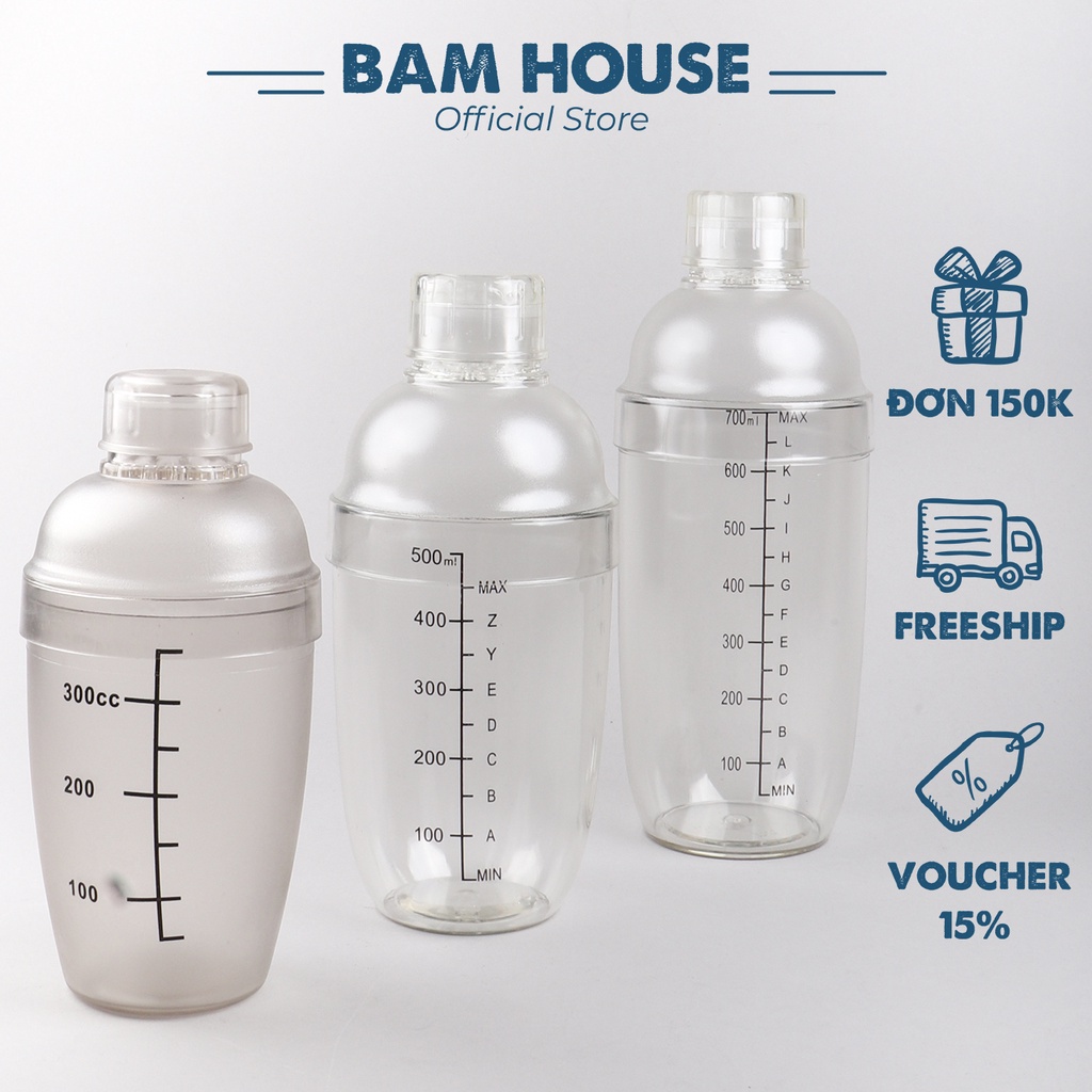 Bình lắc nhựa có vạch đong Bam House pha chế trà sữa và cocktail nhiều loại dung tích cao cấp BLN01