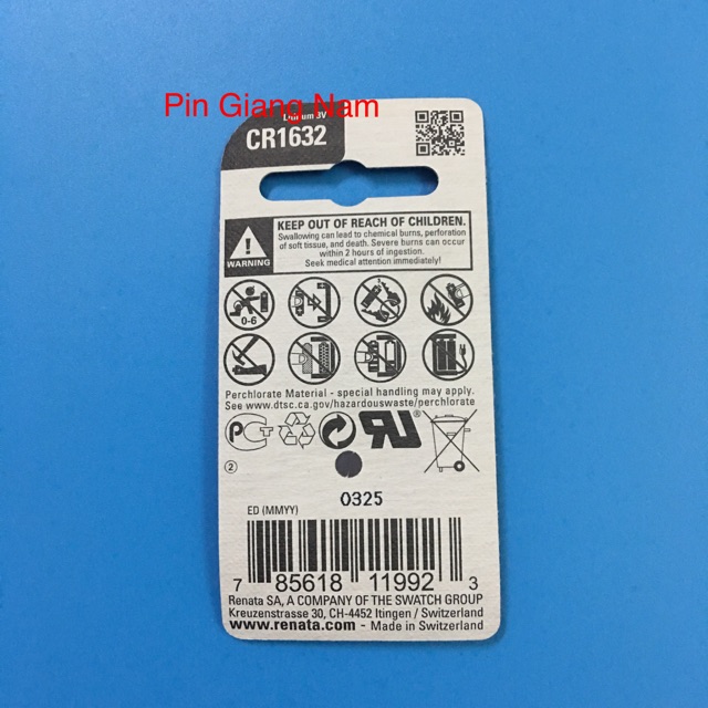 Pin CR1632 Renata 3V Lithium vỉ 1 viên