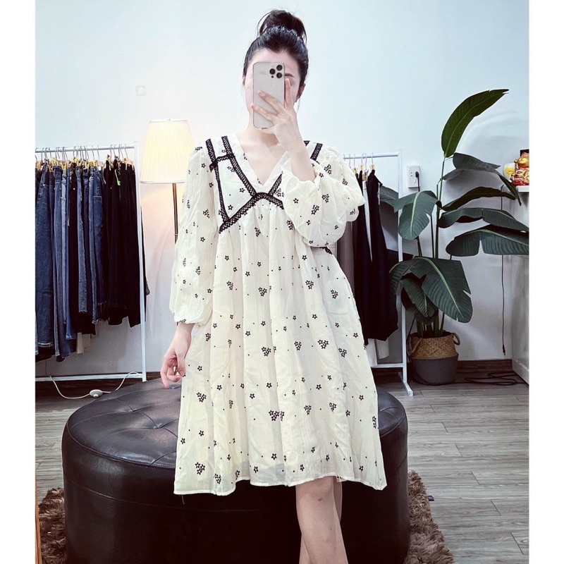 Đầm Hoa Nhí Phối Viền Ren Dáng Babydoll tay dài