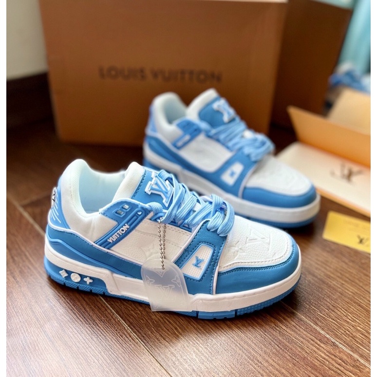 GIÀY LV TRAINER BLUE WHITE TRẮNG XANH DA THẬT LAI AU