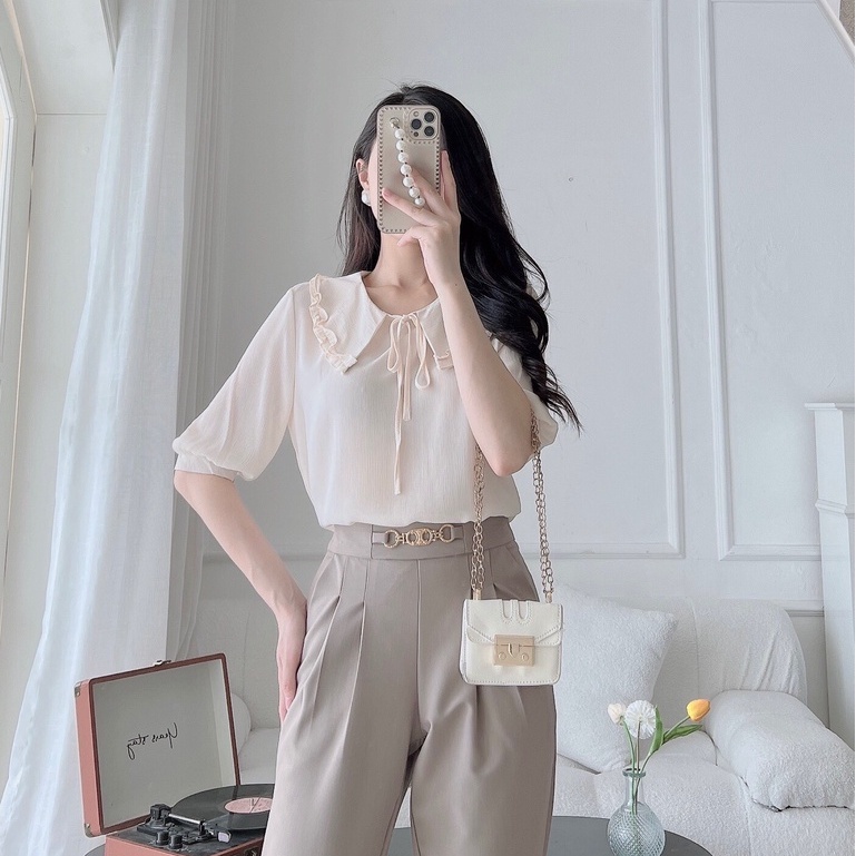 Áo sơ mi tay lỡ voan cổ đức gắn nơ dây trơn chất vải voan xước cao cấp thoáng mát EvaLover