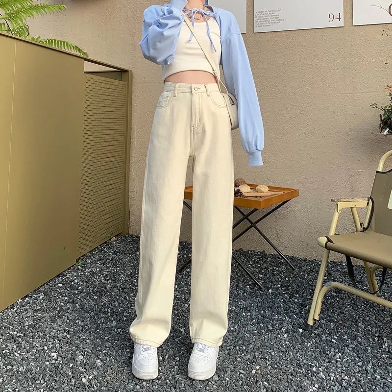 Quần Jeans Nữ Màu Trắng Kem Ống Suông Cạp Cao Baisc Phong Cách Ulzzang Hàn Quốc Mặc Hàng Ngày Đi Học Đi Làm Loại 1