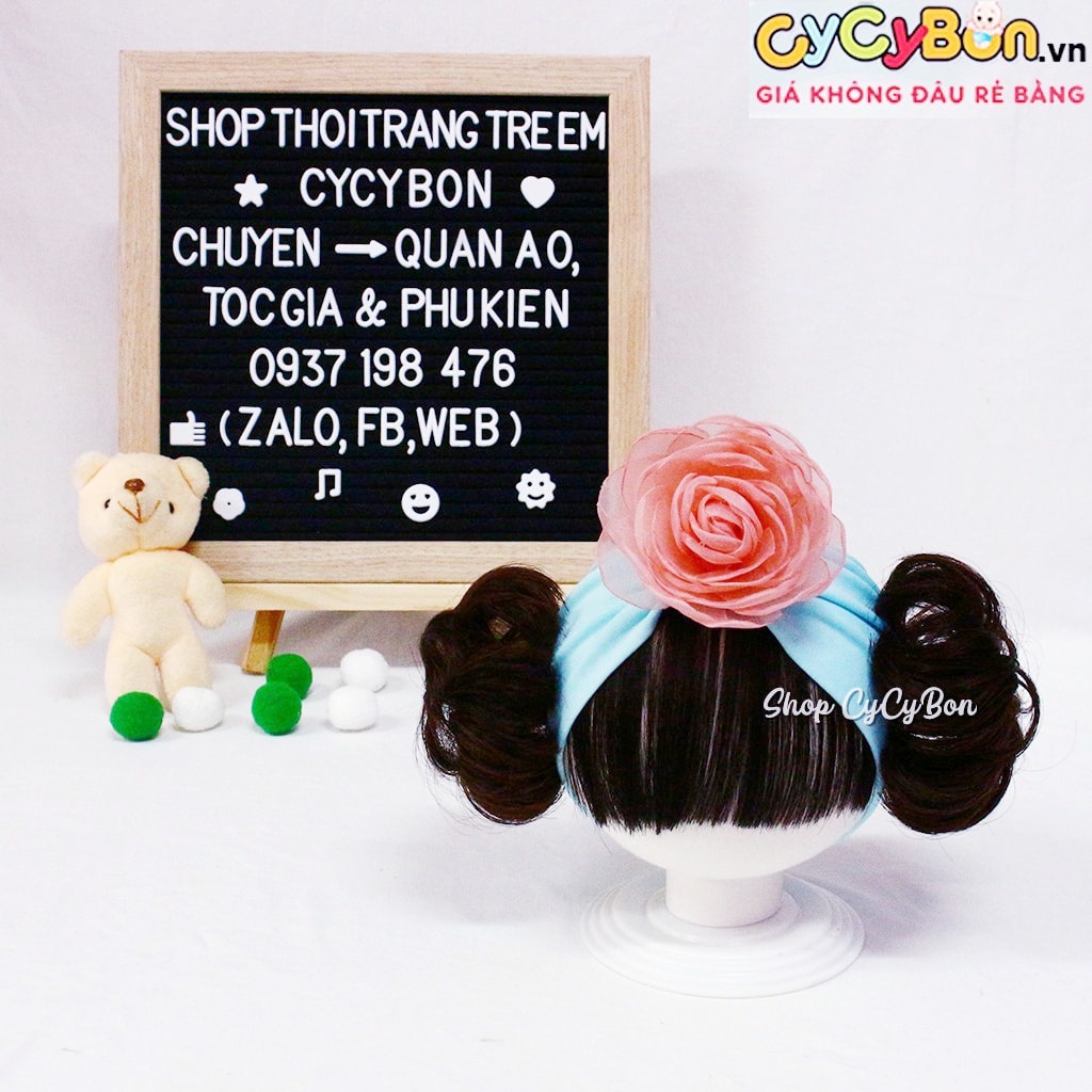 Mũ Nón Turban Tóc Giả Cho Bé Gái Thun Cotton Màu Xanh Dương Đính Bông Hồng -Kèm Tóc Mái Và Tóc Giả 2 Bên -Có Đủ Size