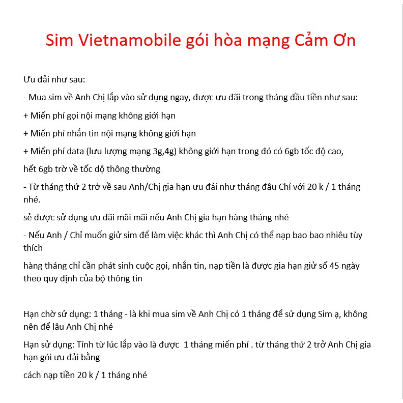 Sim Vietnamobile gói hòa mạng cảm ơn