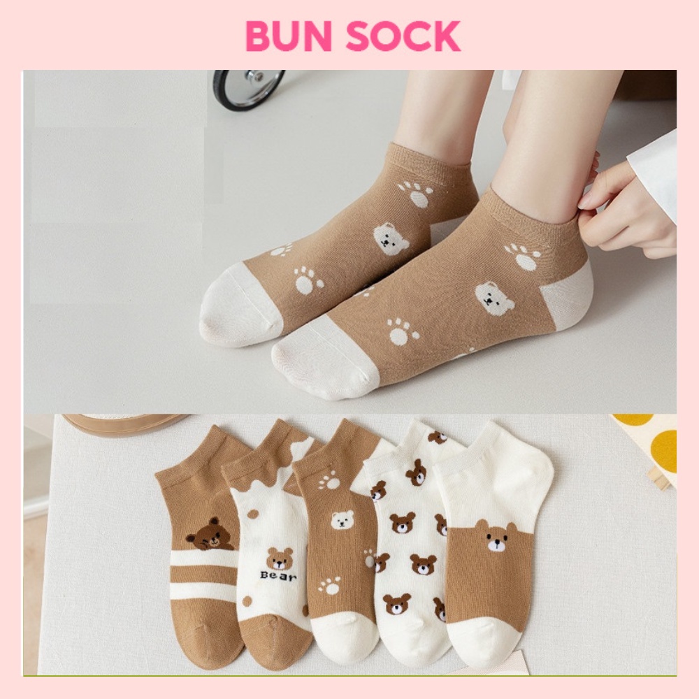 Tất nữ vớ nữ cổ ngắn sét 5 đôi thời trang hình gấu kiểu mẫu phong cách Hàn Quốc