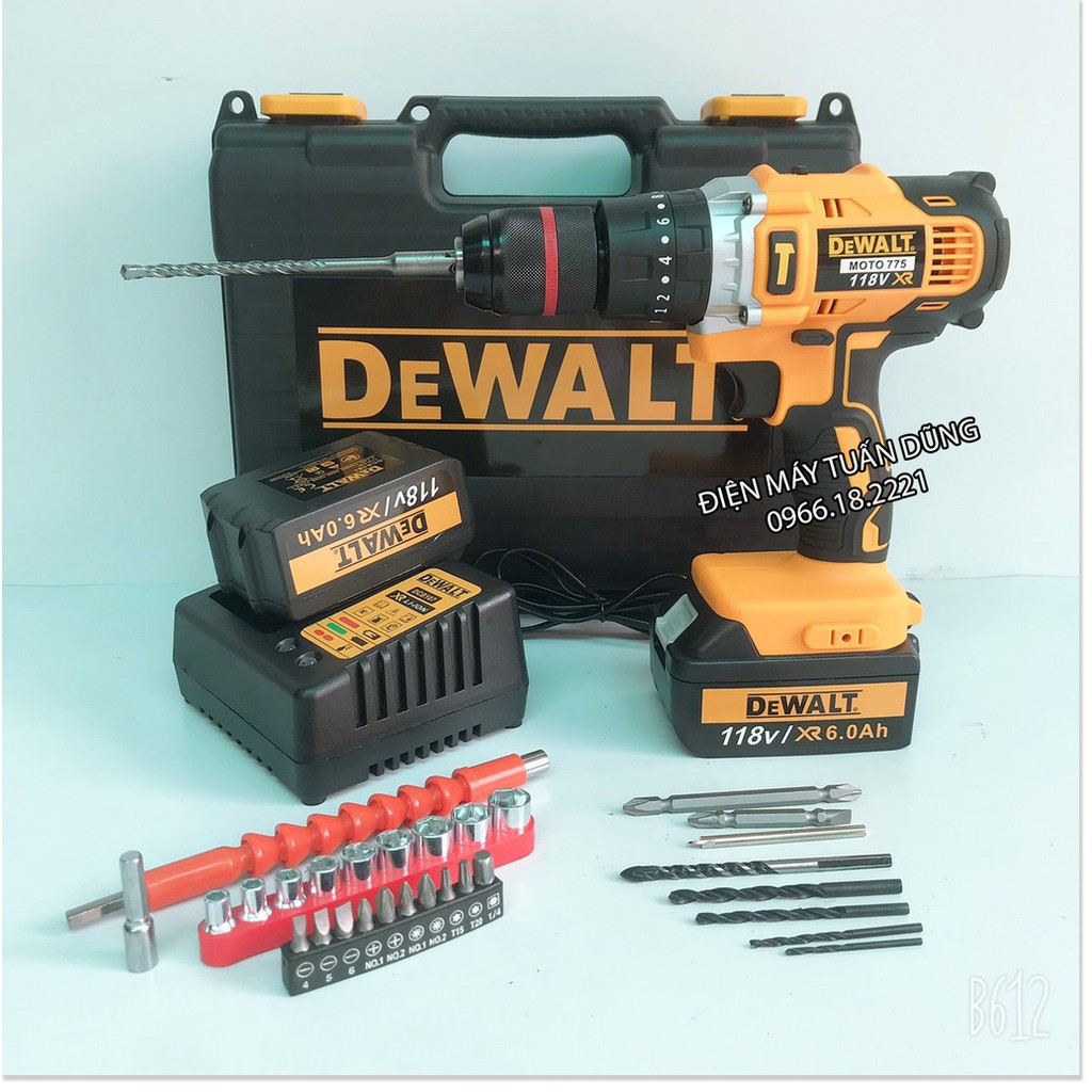 Máy khoan pin Động cơ 775 - 3 CHỨC NĂNG Siêu khỏe Dewalt 118V Kèm 2 Pin TẶNG 30 CHI TIẾT