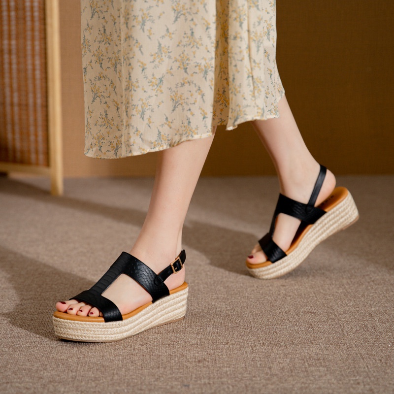 Giày Sandal Đế Xuồng Đan Cói Hở Mũi Thời Trang Retro Cho Nữ