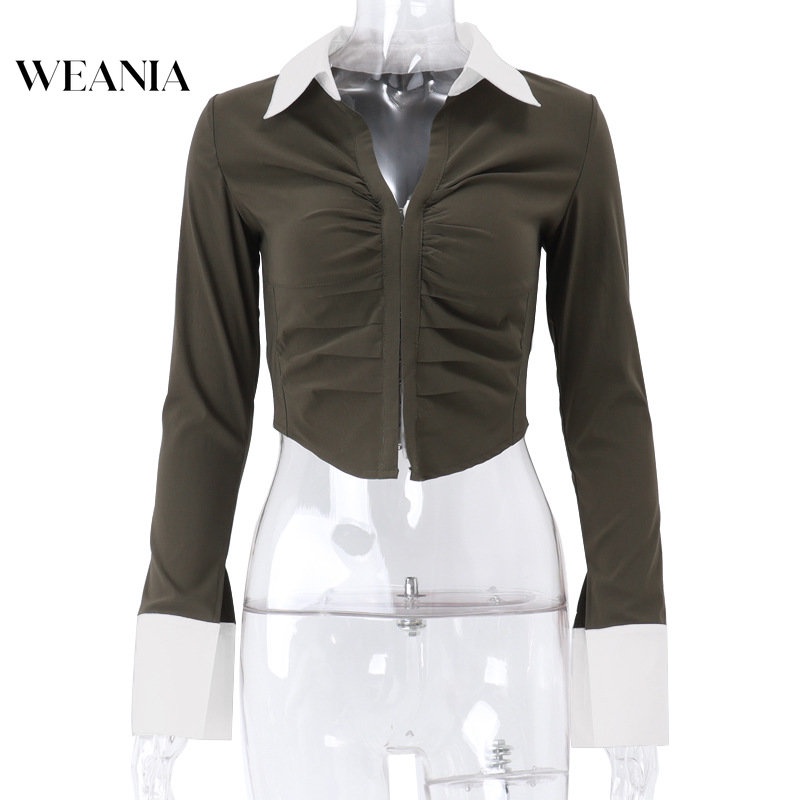 Áo Sơ Mi Dài Tay Phối Xếp Li Phong Cách Retro Dành Cho Nữ